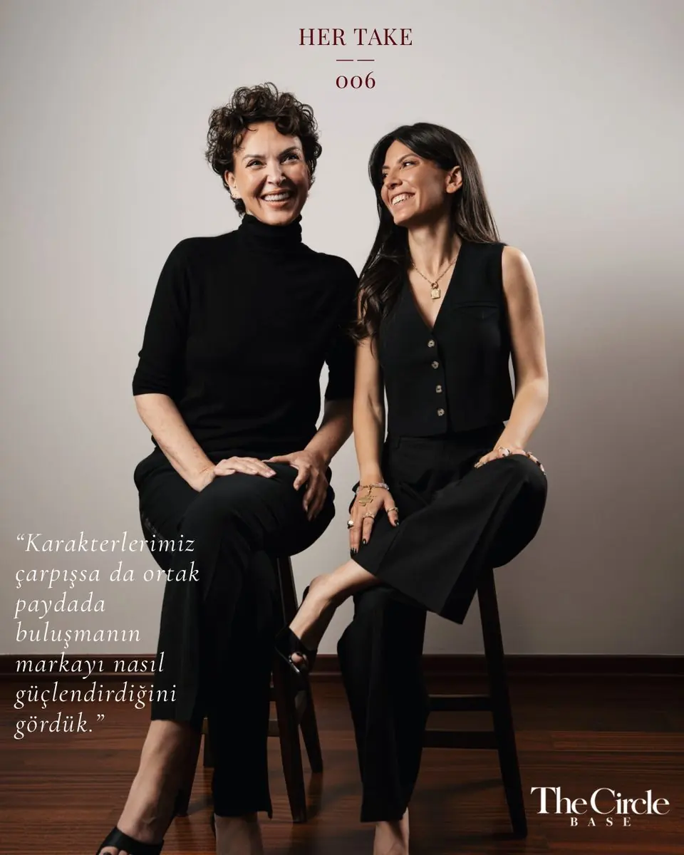 Her Take — the two founders seated on stools, with a pull quote