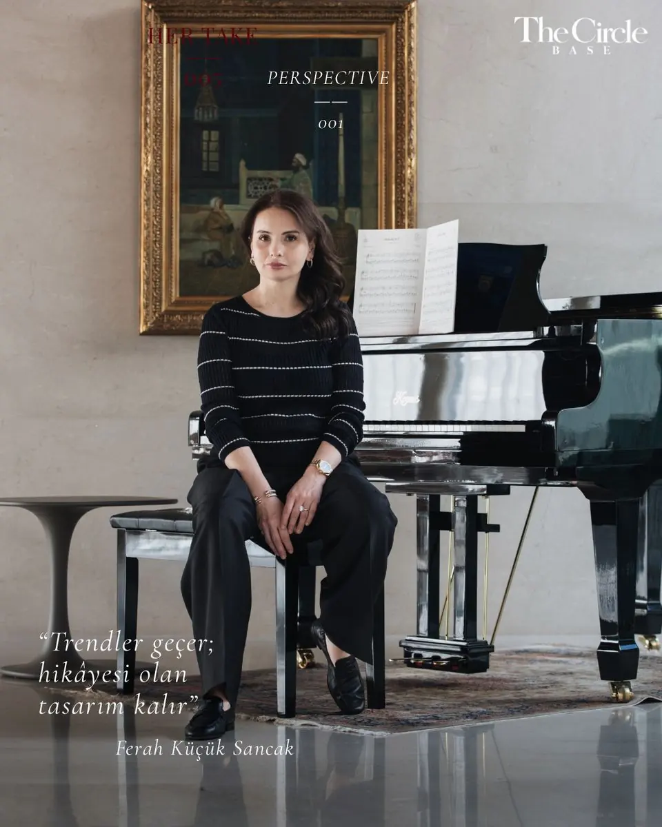Perspective — Ferah Küçük Sancak seated at a grand piano, with a quote