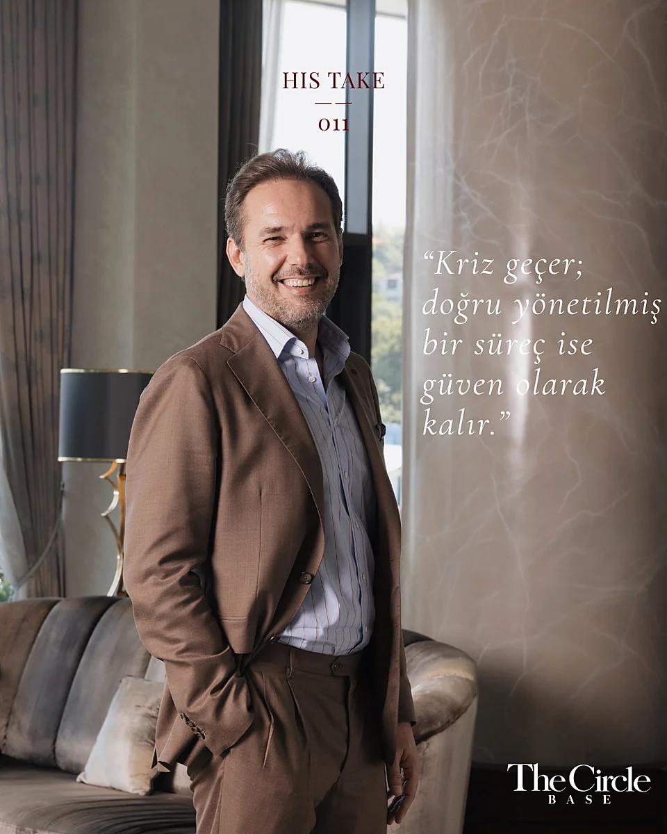His Take — portrait in a tailored suit against a stone wall, with a pull quote