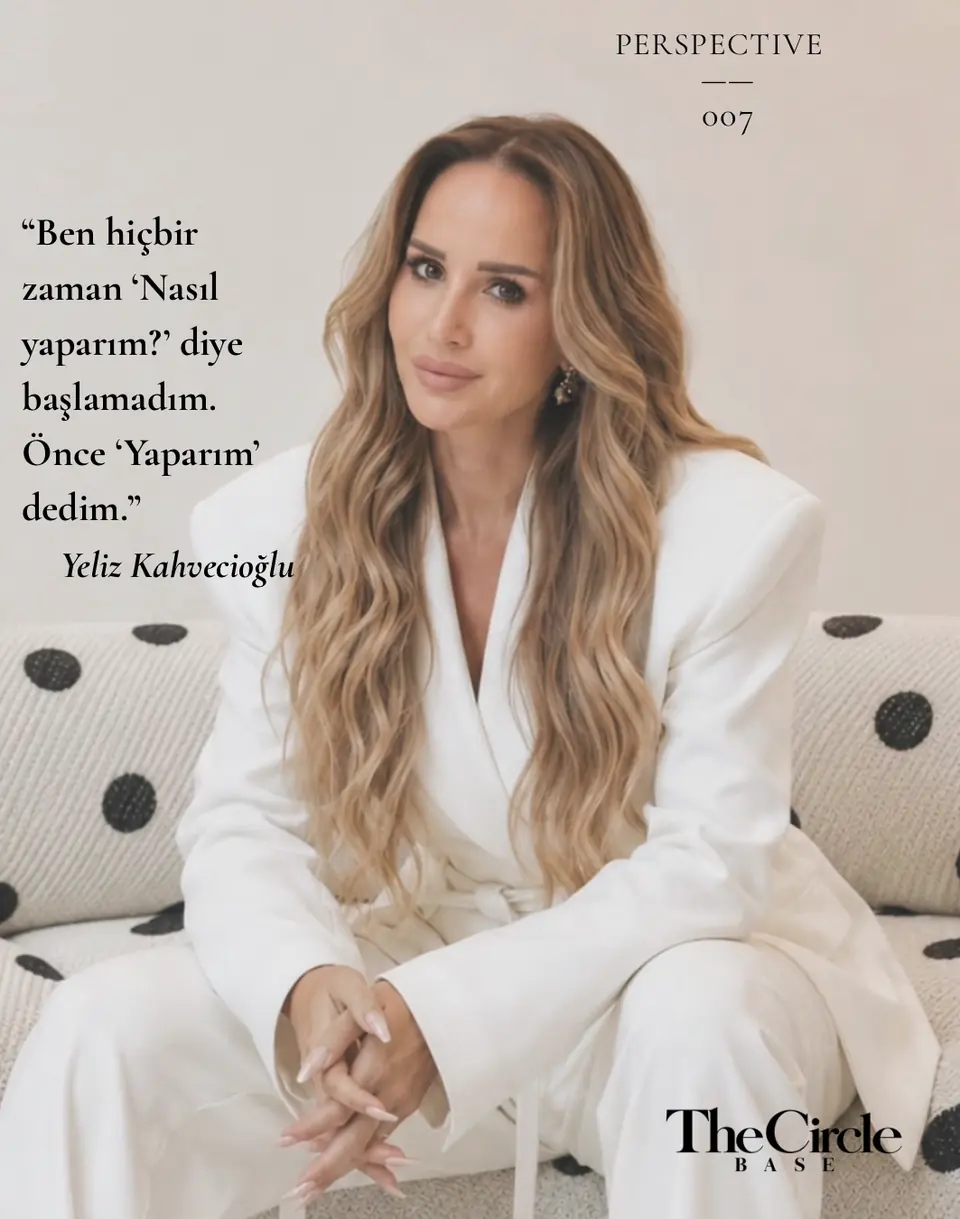 Perspective — Yeliz Kahvecioğlu in a white suit on a polka-dot sofa, with a quote