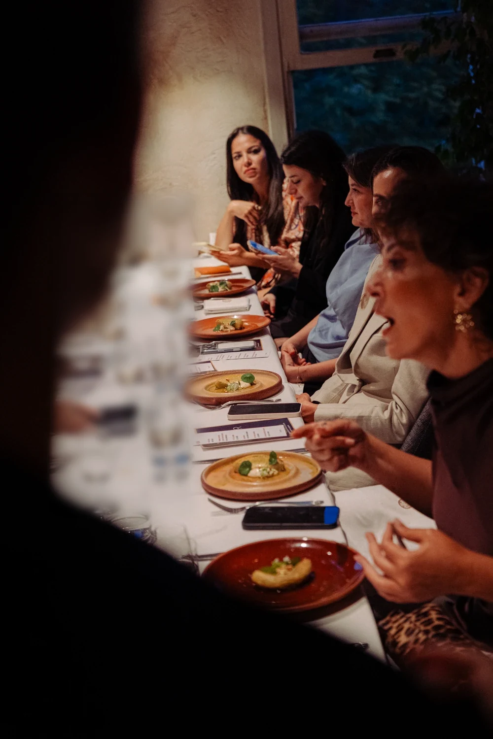 A long table of plated courses, guests in conversation