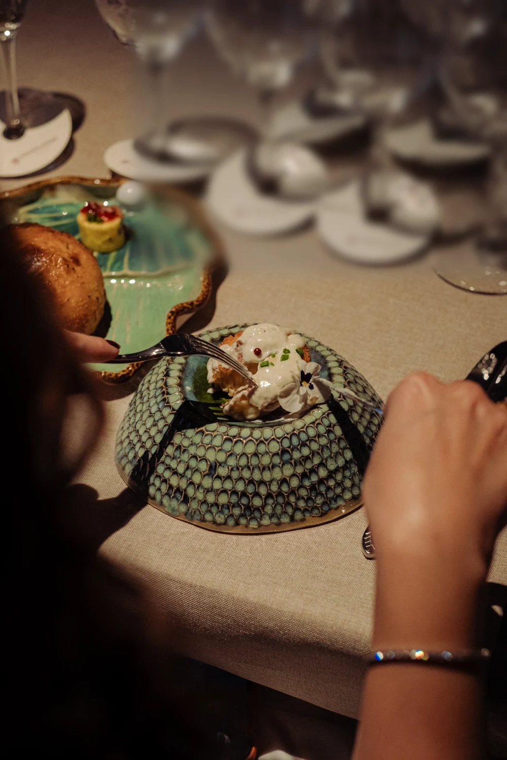 Ceramic dishes on a table, seen from above